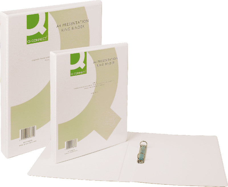 Q-connect Zeigebuch – A4 Hochformat – 4-Ring Bügelmechanik, Ø 40 mm, Rücken 62 mm – Weiss, mit Sichttasche