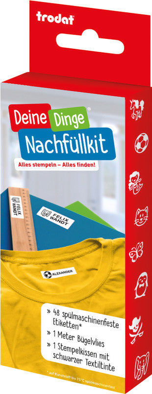 Trodat Nachfüllset – für Deine Dinge, Schwarz, 48 Etiketten, Bügelvlies 1 m, Textiltinte Schwarz
