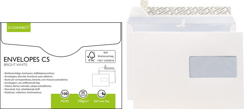Q-CONNECT Couvert C5, Fenster rechts, Haftklebung, weiss, 100 g/m², mit Innendruck – 100 Stk.