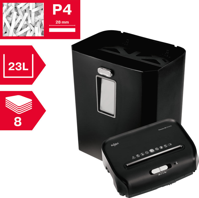 Rexel Promax REX823 – Aktenvernichter, DIN P-4, Partikelschnitt 4 × 40 mm, 8 Blatt, 23 l, A4