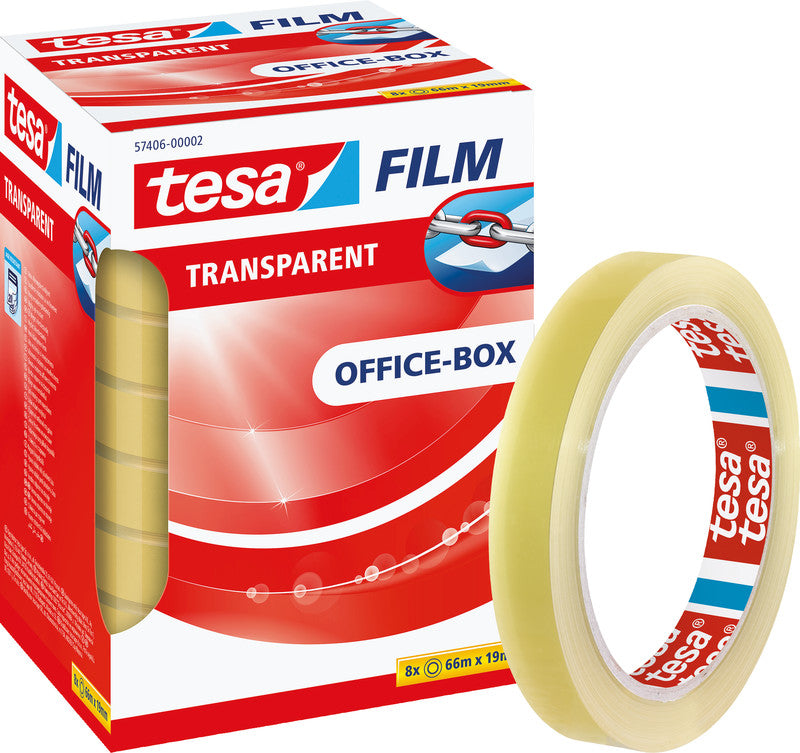 TESA Büro-Klebeband – permanent, klar, Kunststoff, 19 mm × 66 m, Kern Ø 76 mm