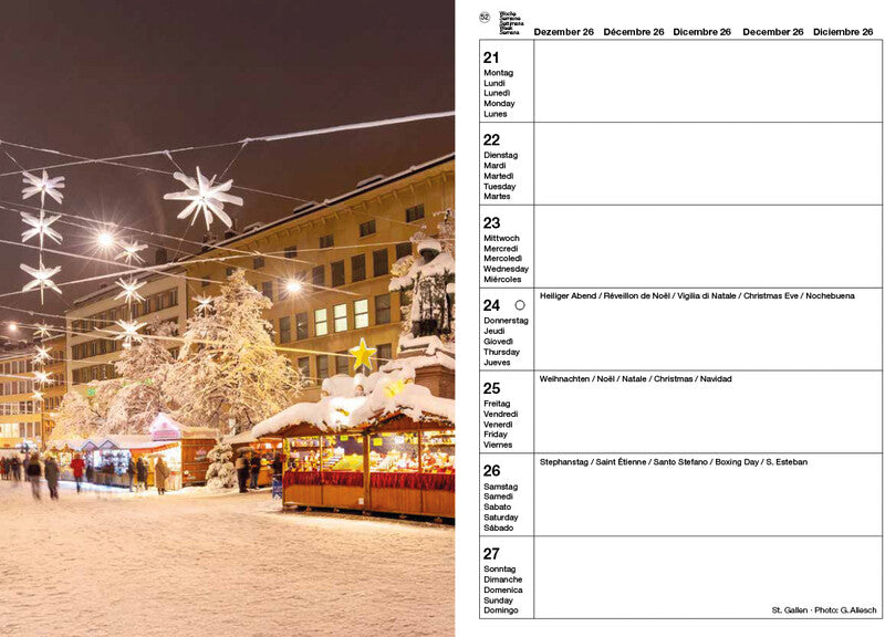 Calendaria Schweizer Foto-Almanach – Wochenagenda 2027, 1 Woche/1 Seite, A5, Spiralbindung