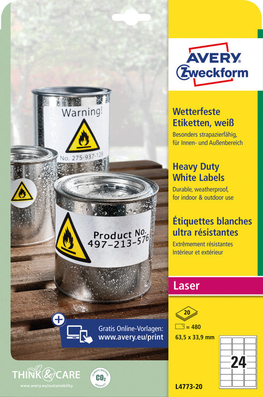 Avery Drucketiketten, 64 mm × 34 mm, weiss, Folie, extra stark, 20 Blätter (480 Etiketten)