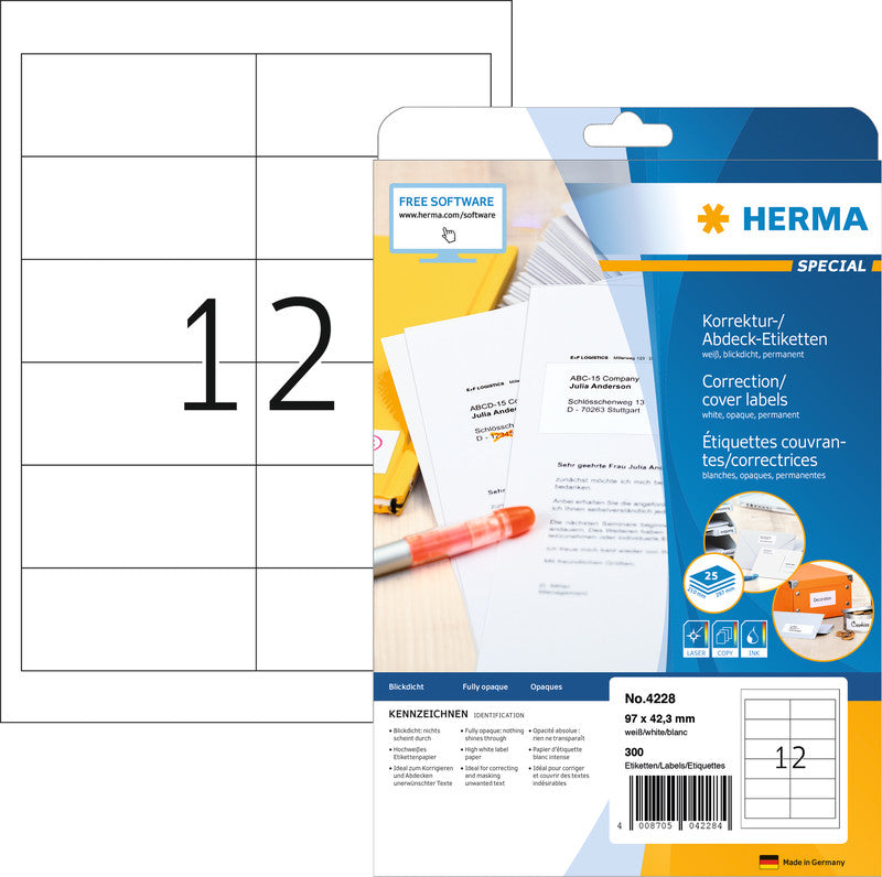 HERMA Druckeretiketten, 97 mm × 42 mm, weiss, Papier, permanent, 25 Blatt (300 Etiketten)