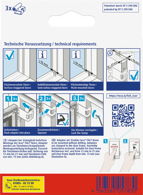 tesa Klemmadapter-Set – für Fliegengitter, faltbar, Tür – 3er-Set – Weiss