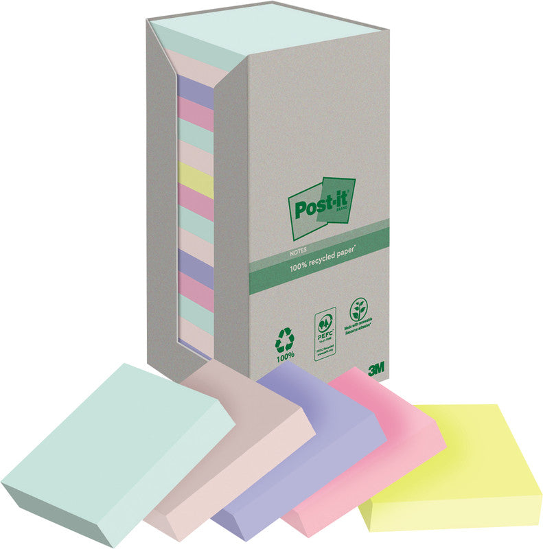Post-it Haftnotizen Recycling Tower – 76×76 mm – sortiert, 16×100 Blatt, PEFC