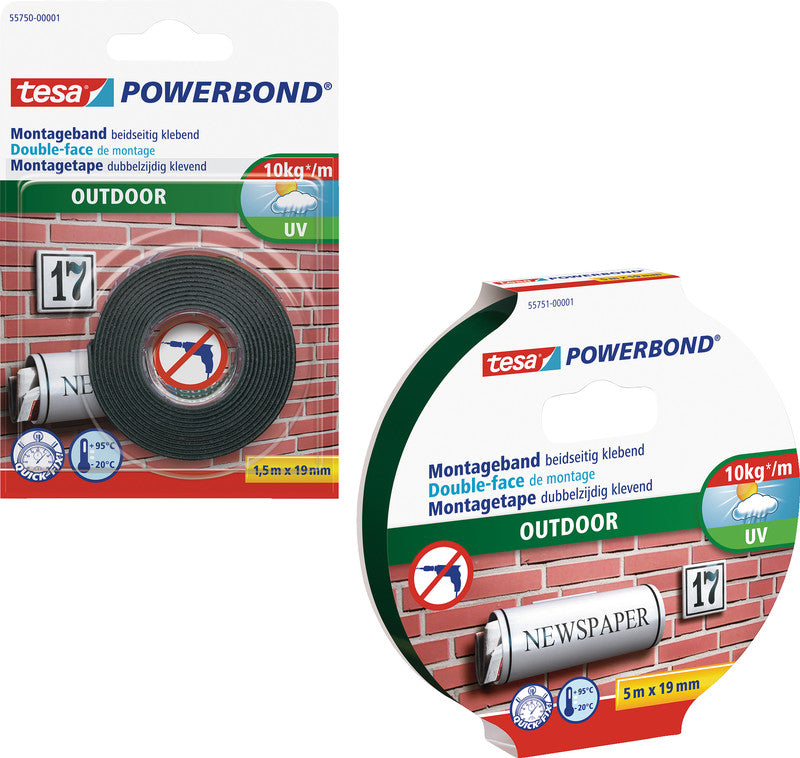 Tesa Powerbond Montageband, stark, für Aussen, für glatte Oberflächen – 19 mm × 5 m, weiss, bis 1 kg/10 cm