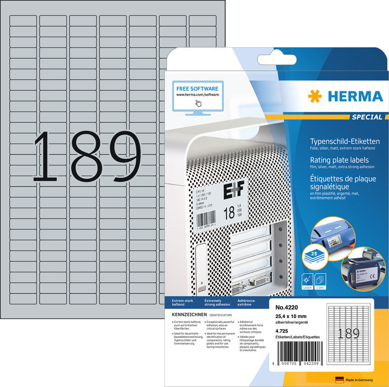 HERMA Drucketiketten, 25 mm × 10 mm, silber, Folie, extra stark, 25 Blatt