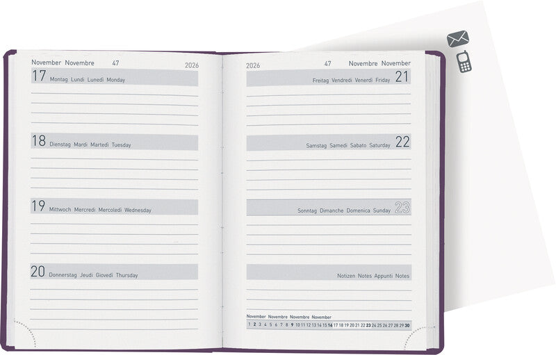 Biella Memento Ladytimer Taschenagenda – 1 Woche/2 Seiten, gebunden, 10,1 × 14,2 cm, 2026, violett, FSC