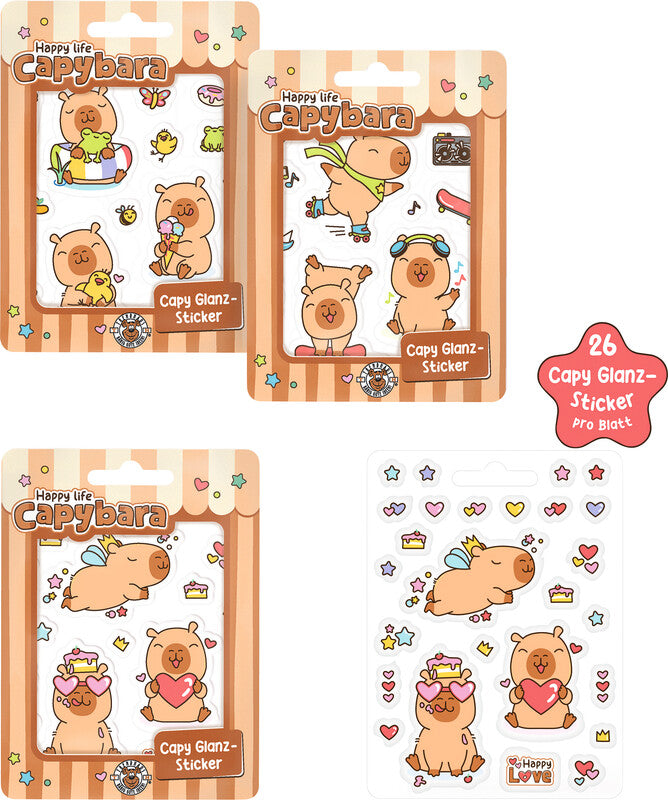 Trendhaus Schmucketiketten – Motiv Capybara Happy Life – Folie, 26 Stk, 1 Bogen, Abgerundete Ecken