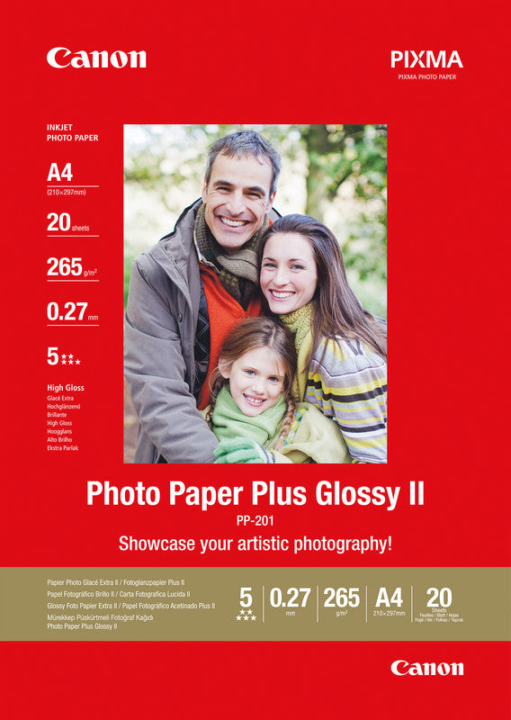 Canon Plus PP-201 Fotopapier – hochglänzend, A4, 265 g/m², 20 Blätter, einseitig – für Inkjet-Drucker