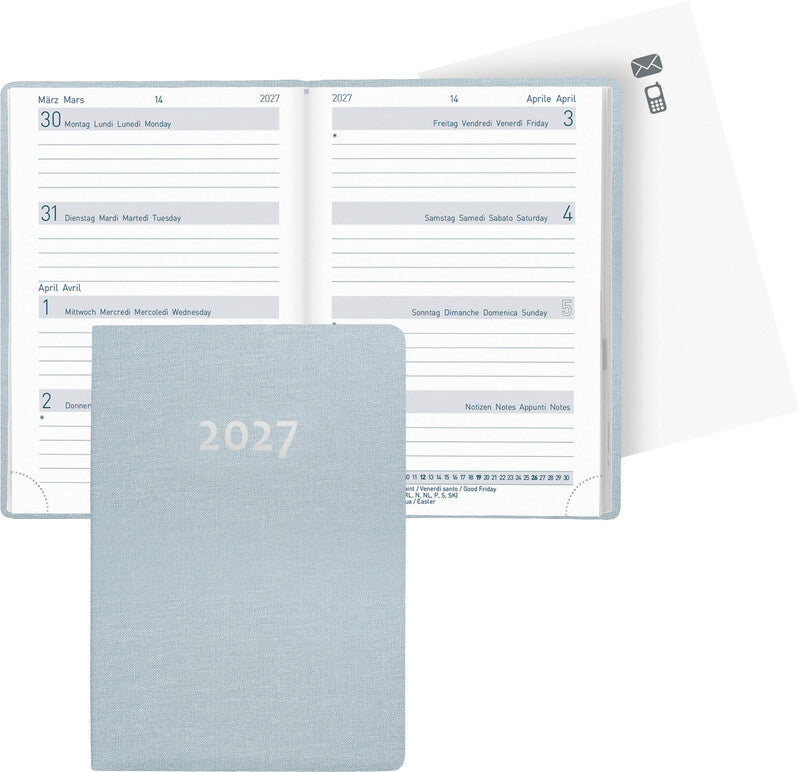Biella Agenda – 1 Woche/2 Seiten, gebunden, 7,6 × 11 cm, Jan–Dez, hellblau, FSC
