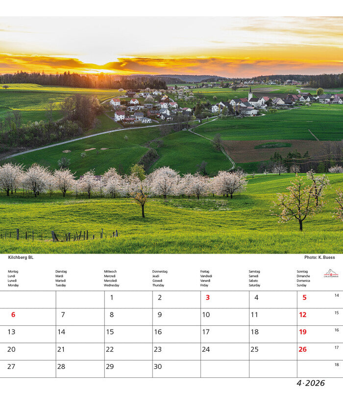 Calendaria Bildkalender Schweiz 2026 – 21 × 24 cm – mit Tagesfeldern, mit Aufhänger