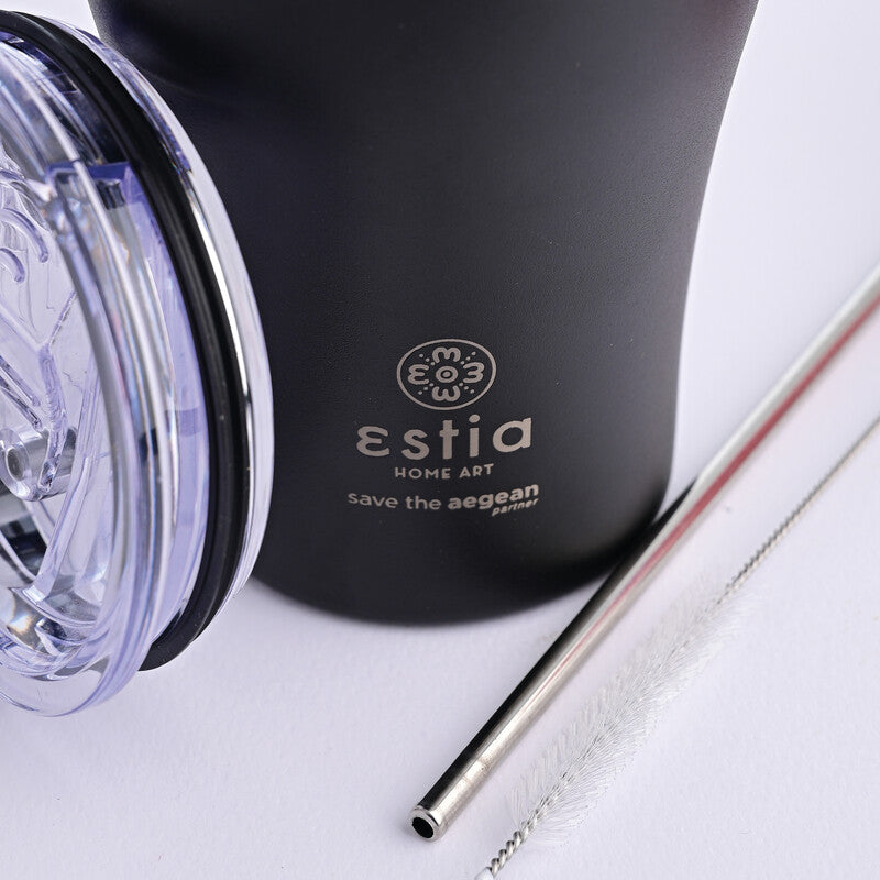 Estia Trinkbecher – 350 ml, Ø 9,0 cm, H 13,0 cm, Edelstahl, Schwarz, Druckverschluss, doppelwandig, BPA-frei
