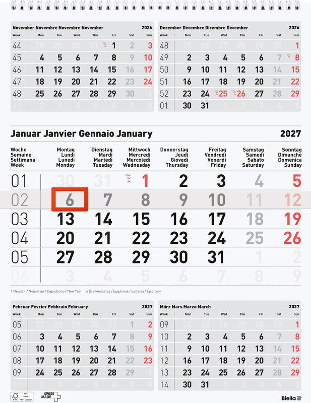 Biella 5-Monats-Kalender – 5 Monate pro Blatt – viersprachig D/F/I/GB – 2026 – Datumsschieber, Spiralbindung – 31