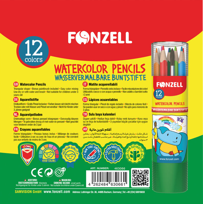 Fonzell Aquarellfarbstifte-Set – 12 Farben, Dreikant, Mine Ø 3,3 mm, Dreiecksetui, mit Pinsel