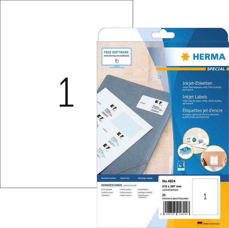HERMA Druckeretiketten, 210 mm × 297 mm, weiss, Papier, permanent, 25 Blatt