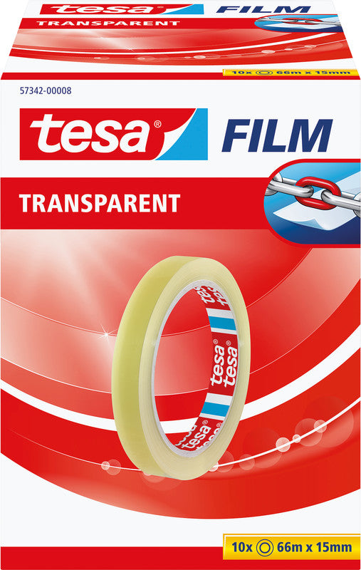 TESA Büro-Klebeband – permanent, klar, Kunststoff, 15 mm × 66 m, Kern Ø 76 mm