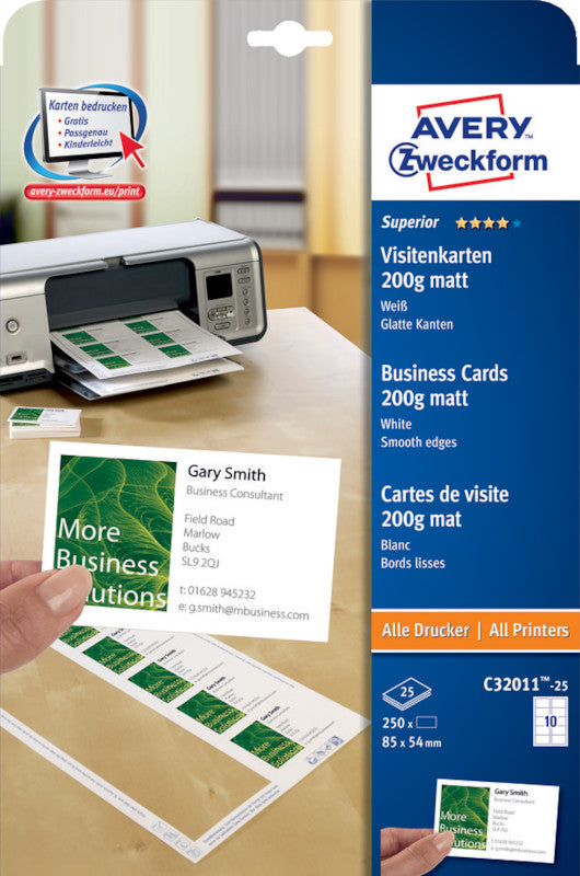 Avery Visitenkarten, 85 × 54 mm – für Laser/Inkjet/Kopierer – A4, 10 pro Blatt – 250 Karten – FSC-zertifiziert