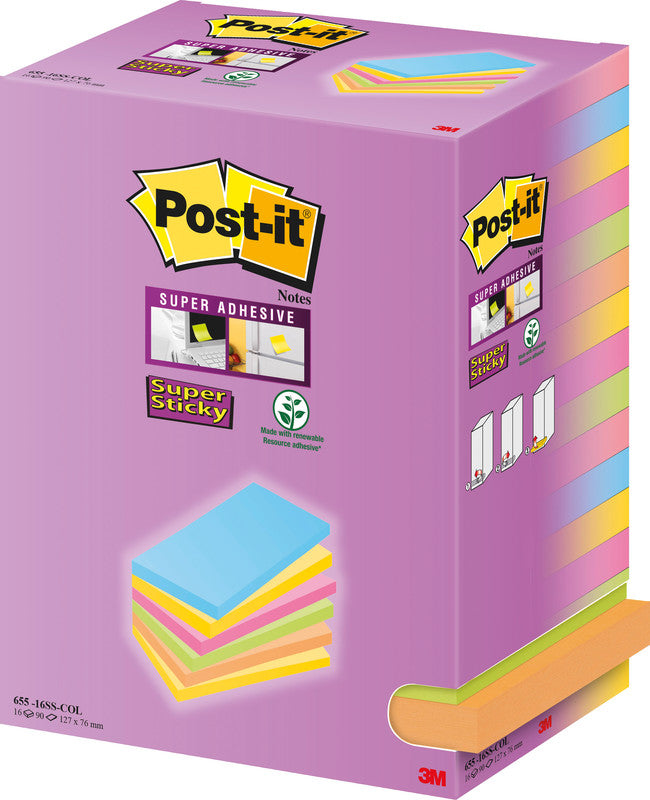 3M Post-it Super Sticky Haftnotizen – 127×76 mm – sortiert, 16×90 Blatt, PEFC