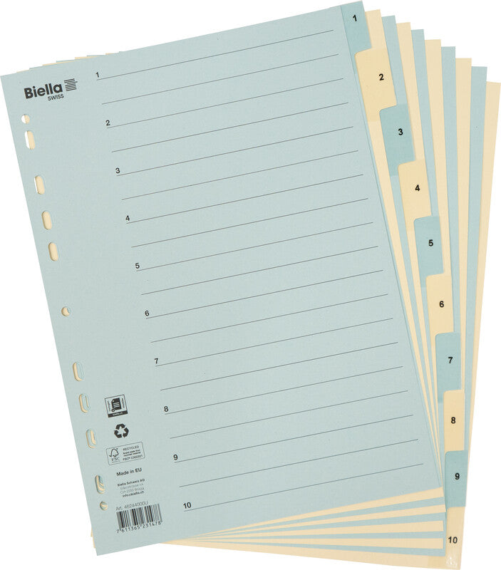 Biella Register – A4, 10-teilig, Karton, blau/gelb, vorgedruckt, 11-fach gelocht