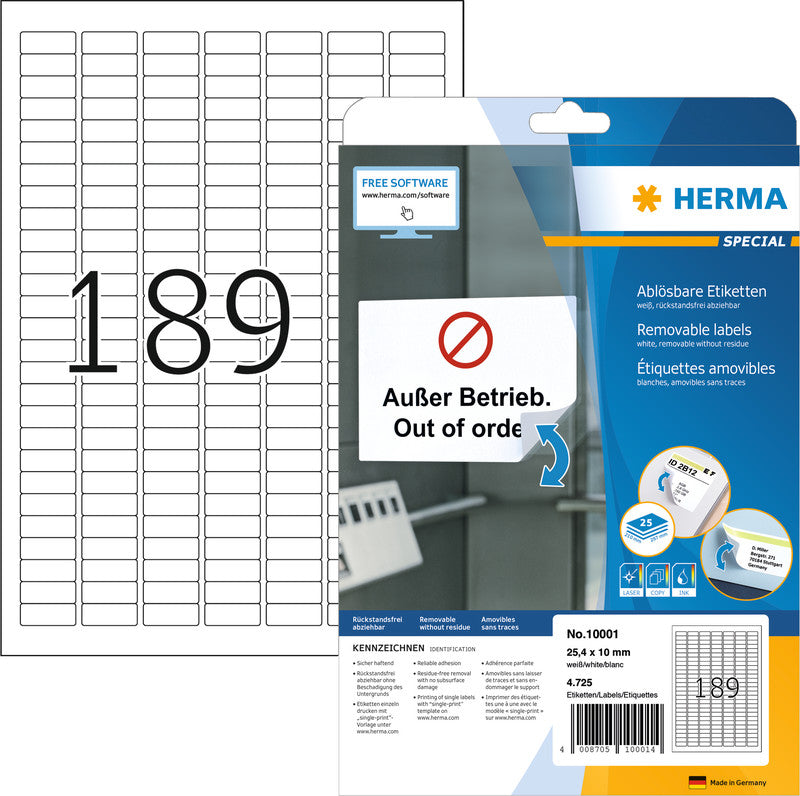 HERMA Druckeretiketten, 25,4 mm × 10 mm, weiss, Papier, ablösbar, 25 Blatt