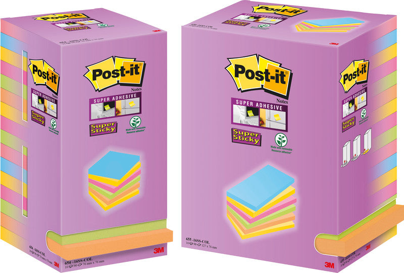 3M Post-it Super Sticky Haftnotizen – 127×76 mm – sortiert, 16×90 Blatt, PEFC