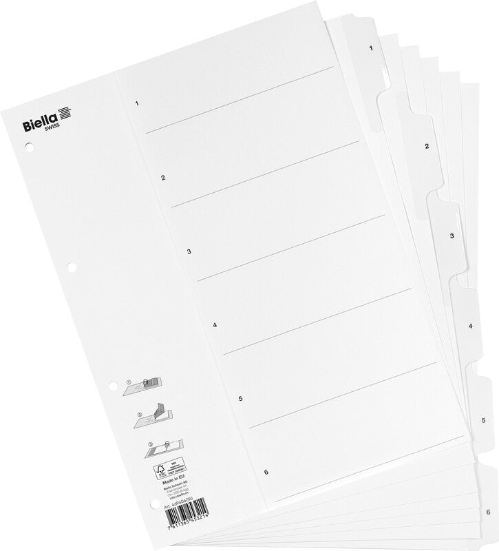 Biella Register – A4, 6-teilig, Karton, weiss, vorgedruckt, SmartIndex, verstärkte Tabs
