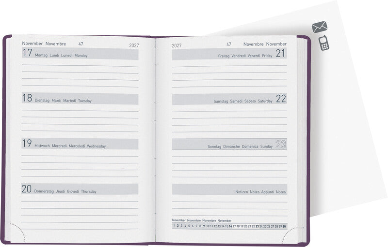 Biella Memento Ladytimer Agenda – 1 Woche/2 Seiten, gebunden, 10,1 × 14,2 cm, 2027, Violett, FSC
