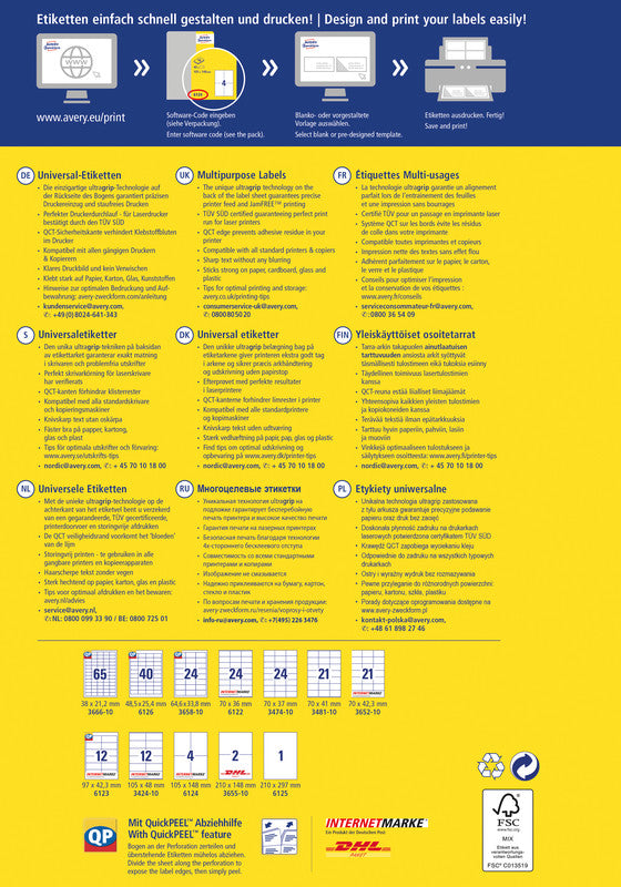 Avery Druckeretiketten, 105 mm × 48 mm, weiss, Papier, permanent, 120 Etiketten (10 Blatt)
