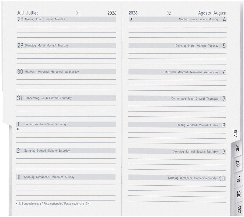 Biella Kalender-Einlage – 1 Woche/1 Seite, 8,7 × 15,3 cm, 2026