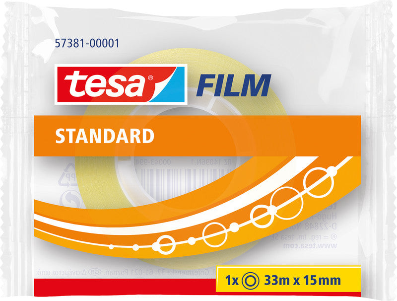 TESA Büro-Klebeband – permanent, klar, Kunststoff, 15 mm × 33 m, Kern Ø 26 mm