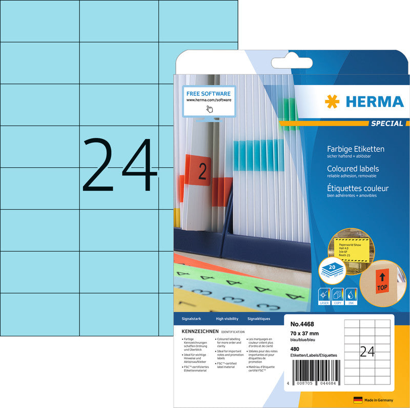 HERMA Druckeretiketten, 70 mm × 37 mm, blau, Papier, wiederablösbar, 480 Etiketten (20 Blatt)