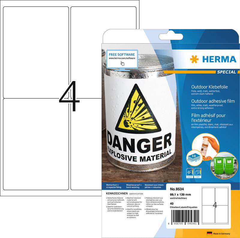 HERMA Druckeretiketten, 99 mm × 139 mm, weiss, Folie, extra stark, 40 Etiketten (10 Blatt)