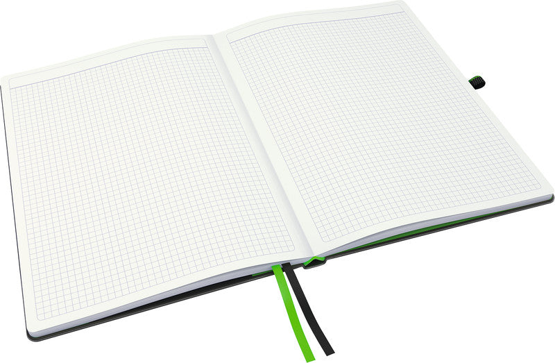 Leitz Notizbuch – A4 – kariert – 80 Seiten – 100 g/m² – Hardcover, Gummiband, Einstecktasche, schwarz, FSC