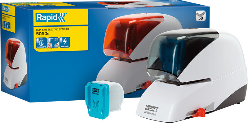 Rapid 5050e – Elektrischer Hefter, Flat-Clinch, verstellbarer Papieranschlag, Einlegetiefe 50 mm, Weiss