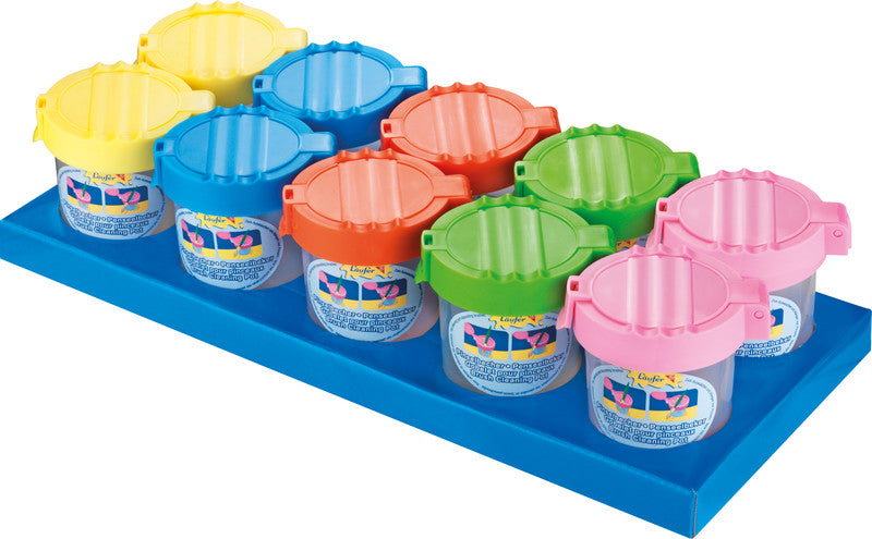 Laufer 86401 – Pinselbecher – Kunststoff, Ø 55/70 × 80 mm, 5 Farben, 10er-Set, mit Deckel