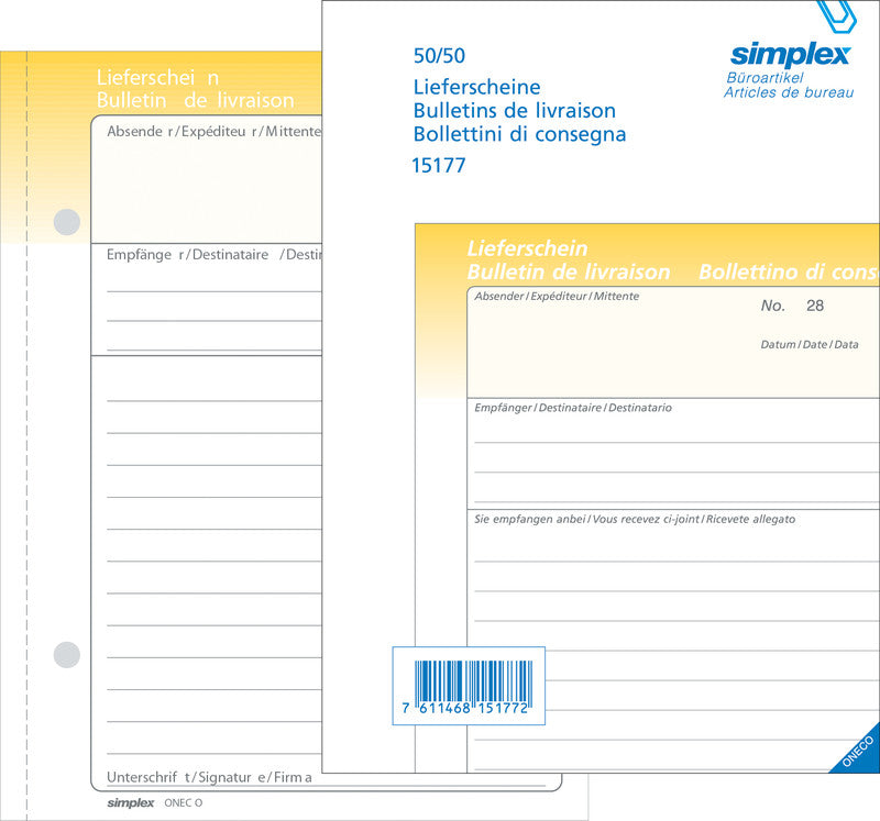 Simplex Formularblock – Lieferschein, mehrsprachig, 50 Blatt, A5