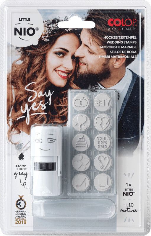 Colop Little NIO Rundstempel – Hochzeit, selbstfärbend, Ø 17 mm, Kissen grau, Englisch