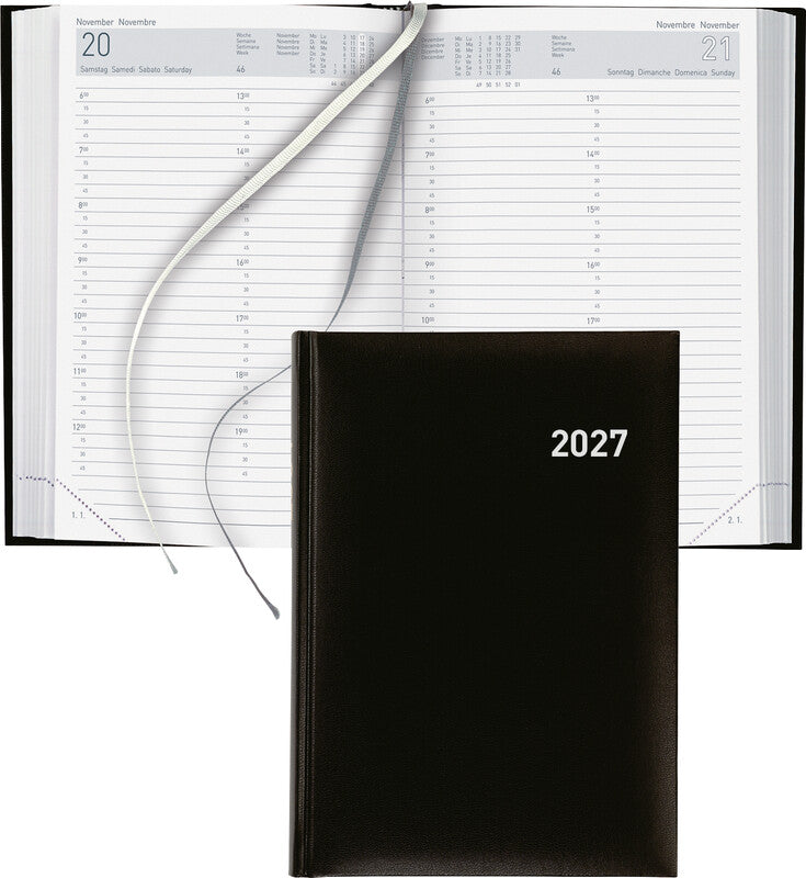 Biella Manager Agenda – 1 Tag pro Seite, gebunden, 14,5 × 20,5 cm, 2027, 1/4-Stunden-Takt, mehrsprachig, schwarz, FSC
