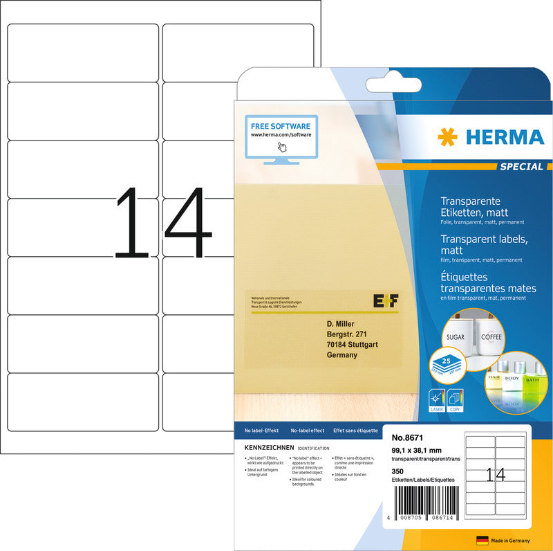 HERMA Drucketiketten, 99 mm × 38 mm, transparent, Folie, permanent, 25 Blätter (350 Etiketten)