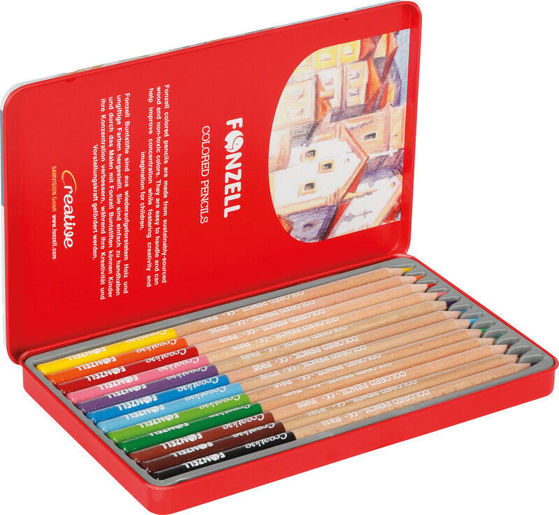 Fonzell Creative Farbstifte-Set – 12 Farben, rund, Mine Ø 3,3 mm, Metallschachtel