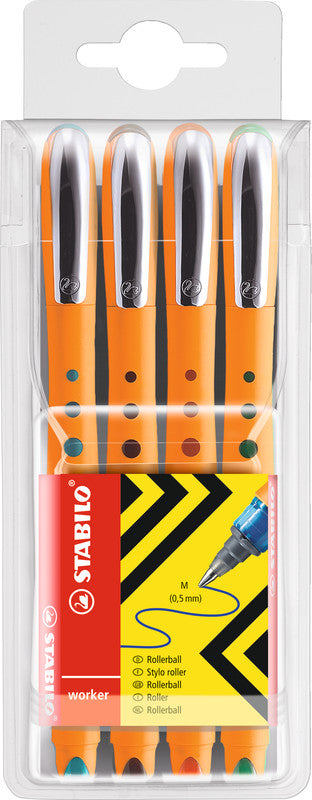 STABILO worker+ – Tintenroller-Set, mit Kappe, 0,5 mm, farbig sortiert, 4er Etui