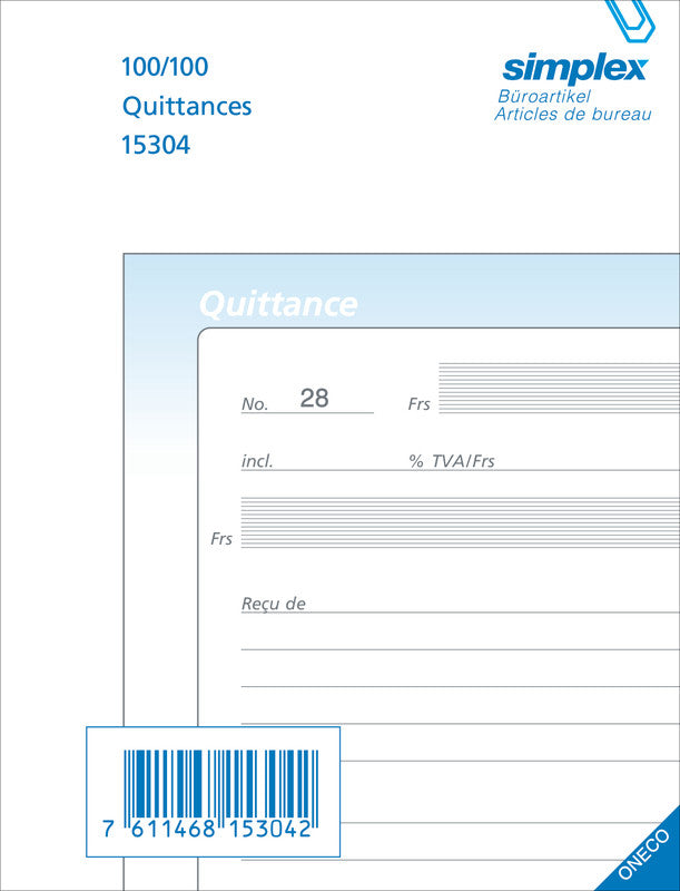 Simplex Formularblock – Quittungen, Französisch, 100 Blatt, A6