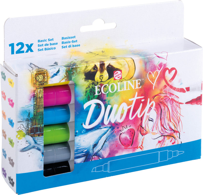 Ecoline Brush Pen Duotip – Keilspitze 6 mm, Rundspitze 1-2 mm – sortiert – 12er-Set – wasservermalbar