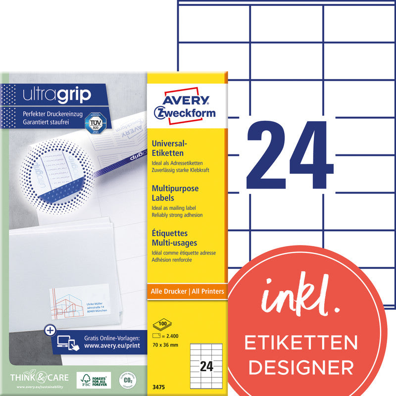 Avery Etiketten auf Bogen, 70 mm × 36 mm, weiss, Papier, permanent, 2400 Etiketten (100 Blatt)