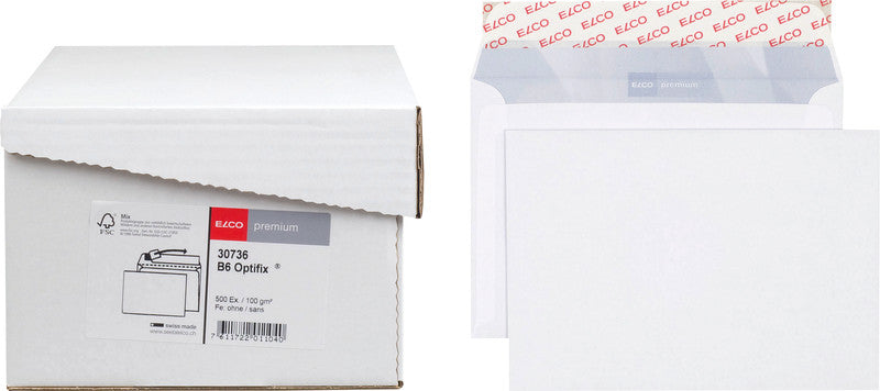 Elco Couvert B6, ohne Fenster, selbstklebend, hochweiss, 100 g/m², mit Innendruck – 500 Stk.