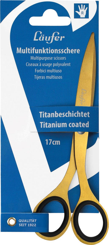 Laufer Universalschere – 17,0 cm, titanbeschichtet, spitz, Gummi, gold