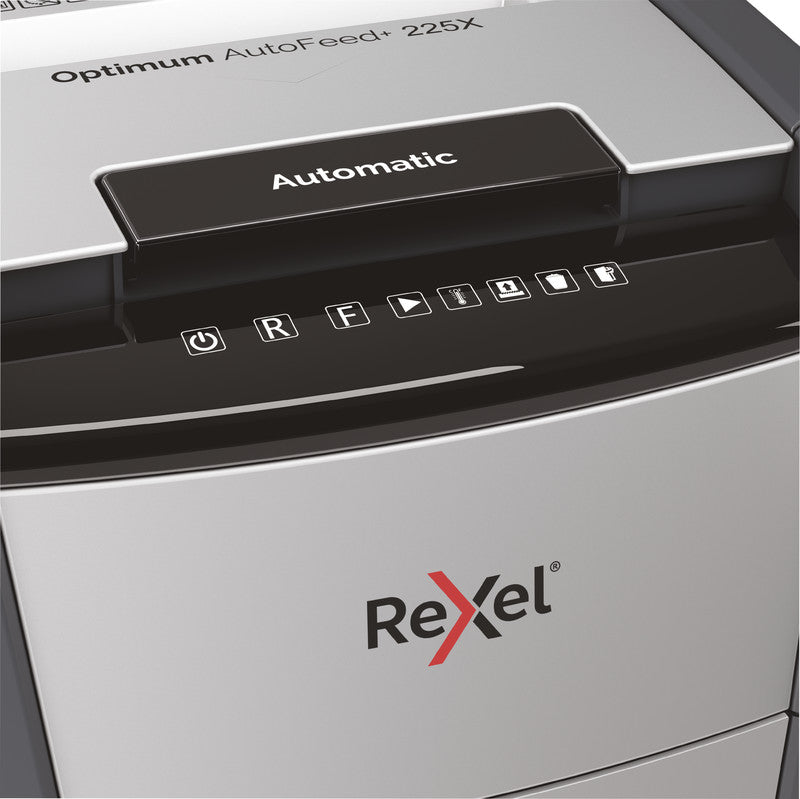 Rexel Optimum AutoFeed+ 225X – Aktenvernichter mit Autofeed 225 Blatt, DIN P-4, Partikelschnitt 4 × 25 mm, 60