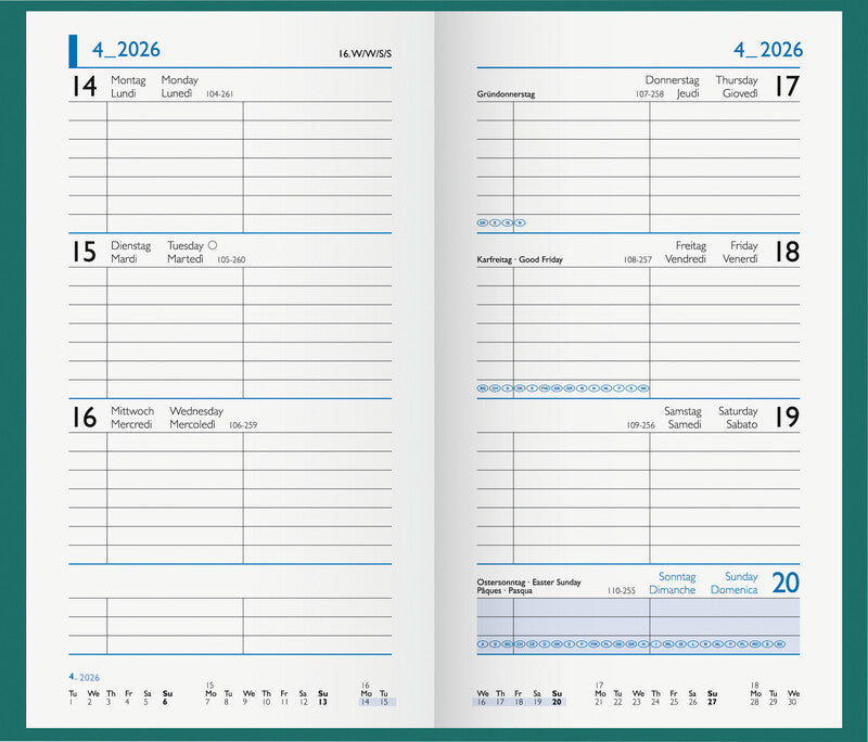 Biella Agenda – 1 Woche/2 Seiten, gebunden, 8,7 × 15,3 cm, Jan–Dez, 2026, Petrol, FSC